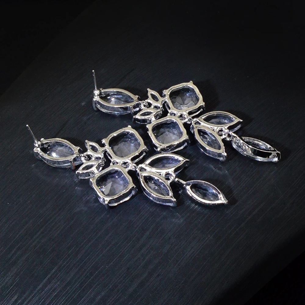 Anthro Crystal Clusters Large Long Leaf Shaped Dangle Drop Earrings Clear - Picture 10 of 12